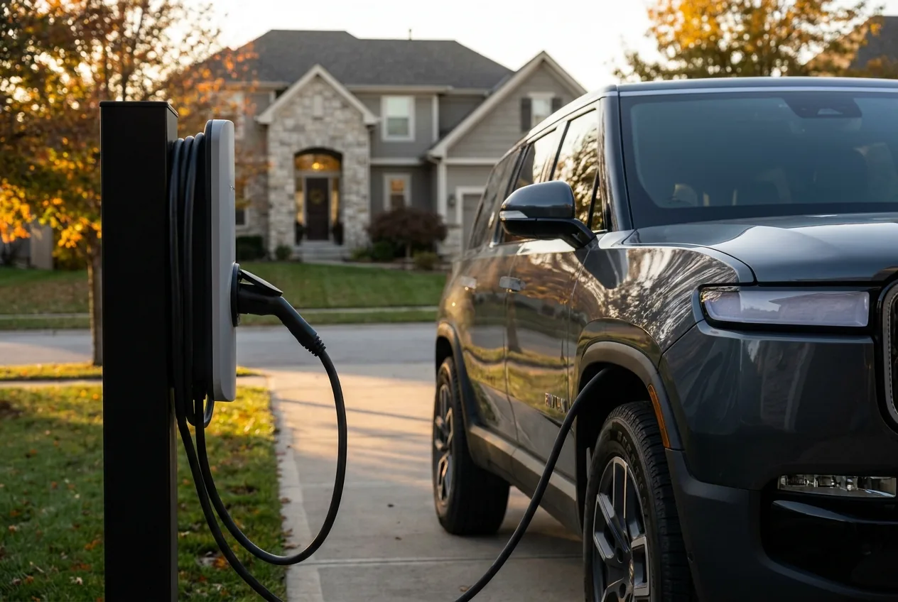 A Level 2 EV charger on a garage wall with a cable plugged into an electric SUV at dusk