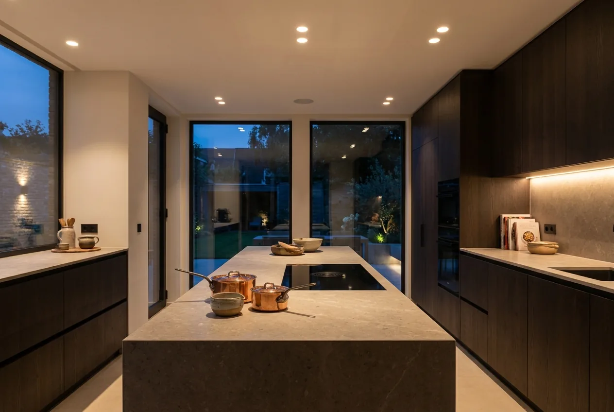 A modern kitchen with warm recessed lighting and under-cabinet LED strips at dusk