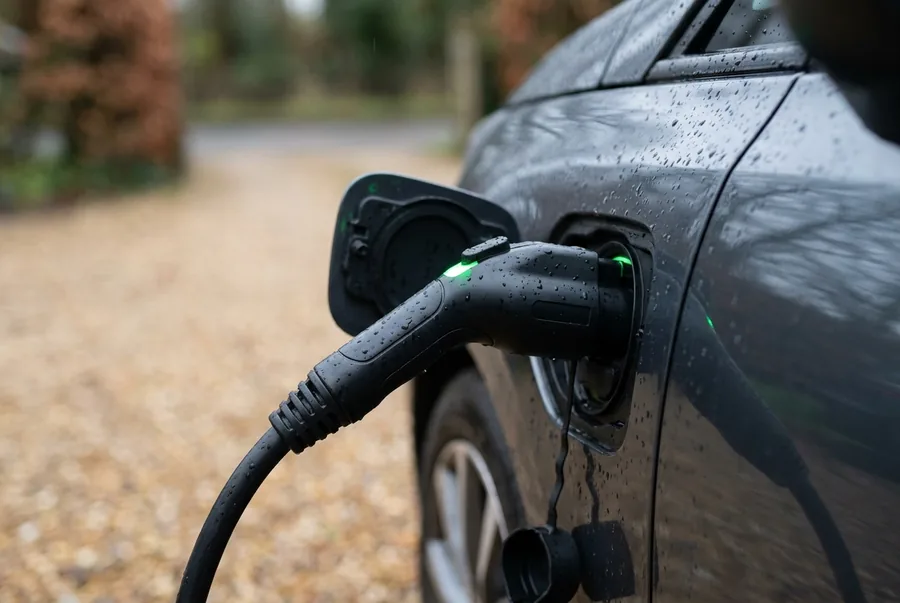 An EV charger connector locked into a car charging port with a green indicator light