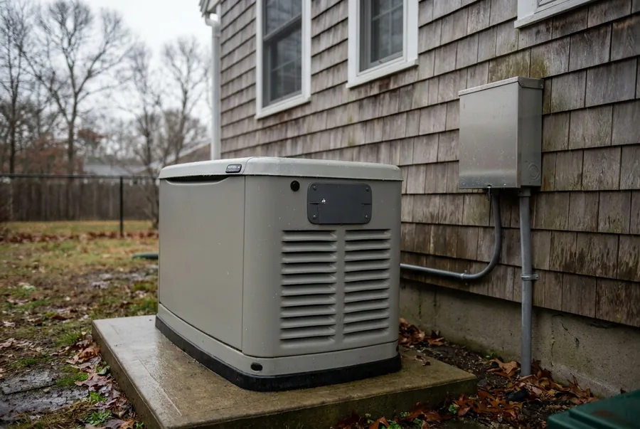 A standby home generator on a concrete pad beside a house with a transfer switch