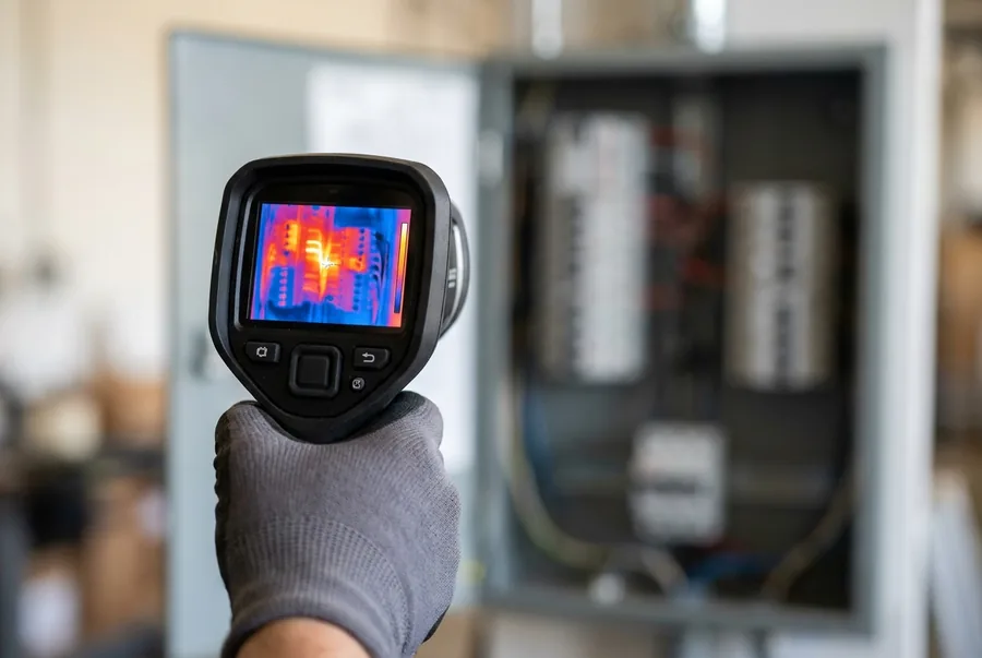 A thermal imaging camera held up to an electrical panel showing heat readings