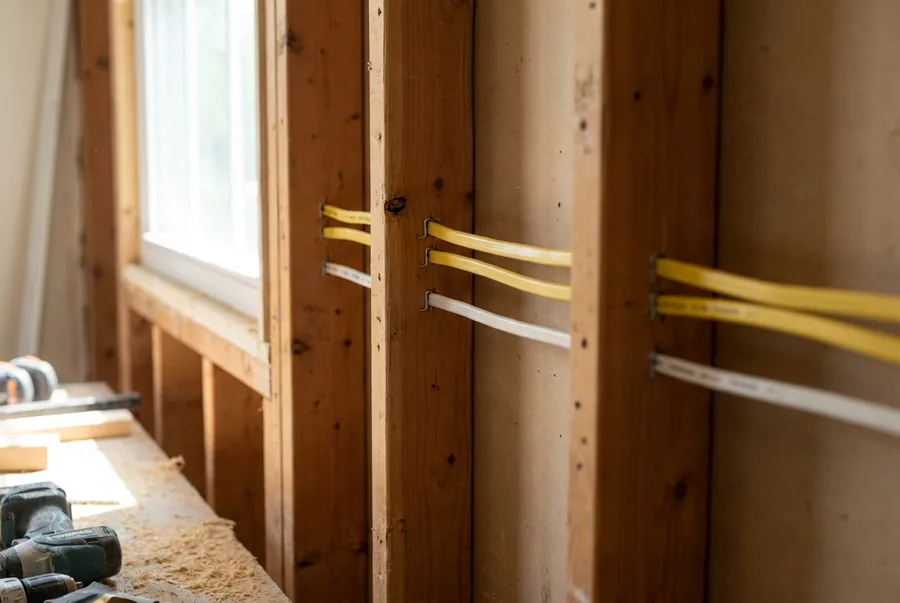 New cable runs stapled neatly through open wall studs during a remodel